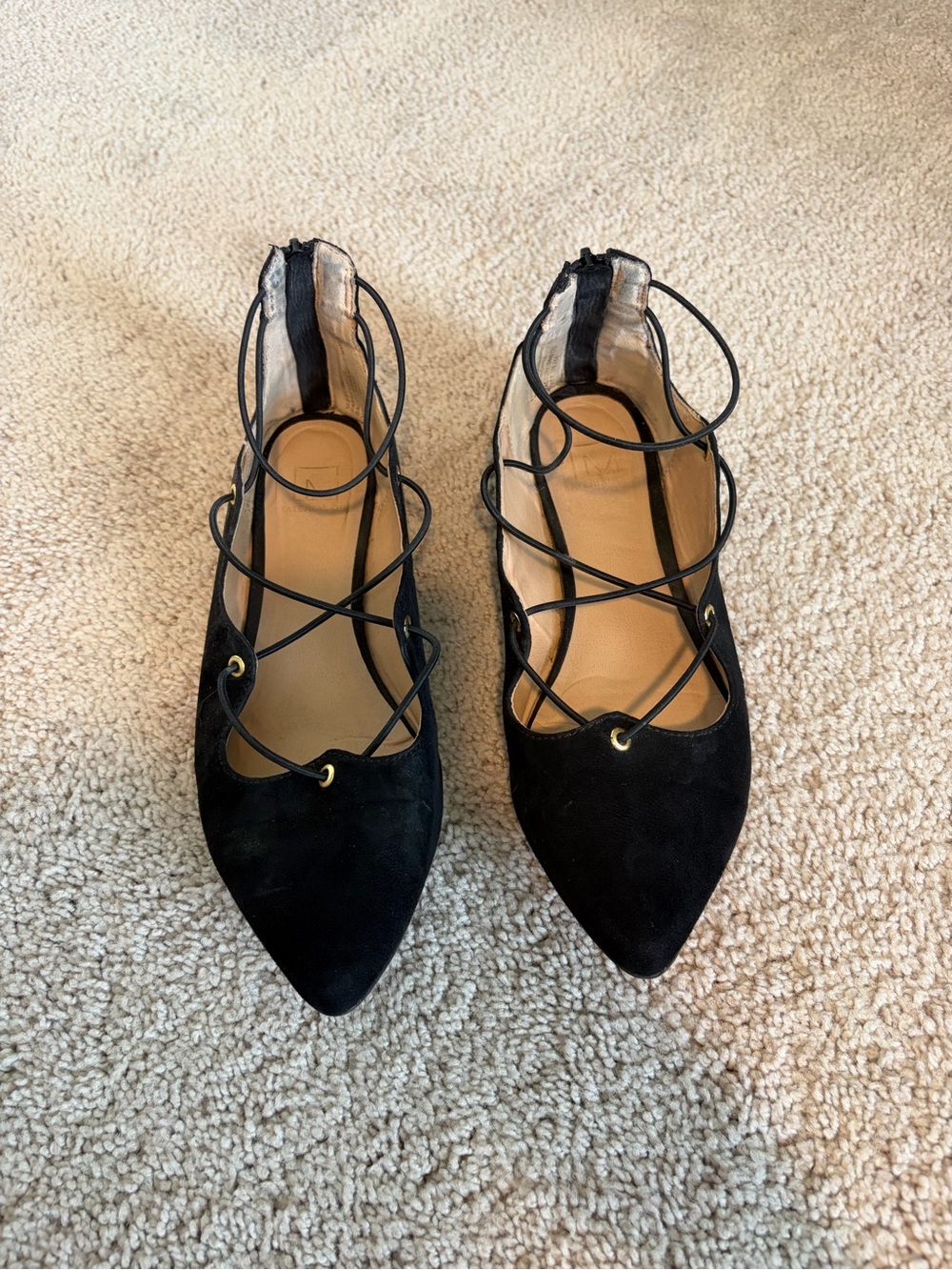 Material Girl Black Suede Strappy Faux Lace Up Pointed Toe Flats
